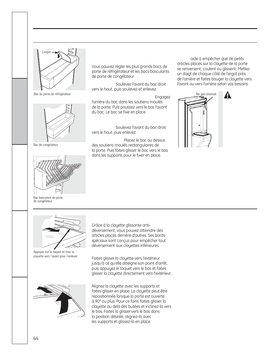 Fonctionnement, Clayettes et bacs, Mise en garde | GE 29 User Manual | Page 44 / 112