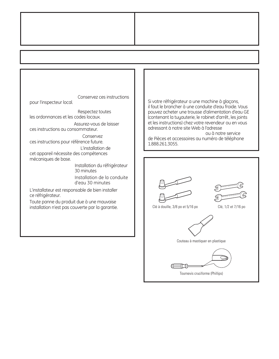 Préparation, Instructions réfrigérateur d’installation, Important | GE 29 User Manual | Page 53 / 112