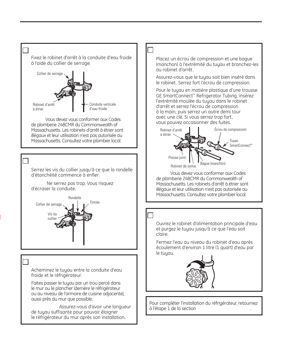 Instructions d’installation, Installation de la conduite d’eau, Branchez le tuyau au robinet | Purgez le tuyau, Acheminez le tuyau, Fixez le robinet d’arrêt, Serrez le collier de serrage, Suite) | GE 29 User Manual | Page 64 / 112