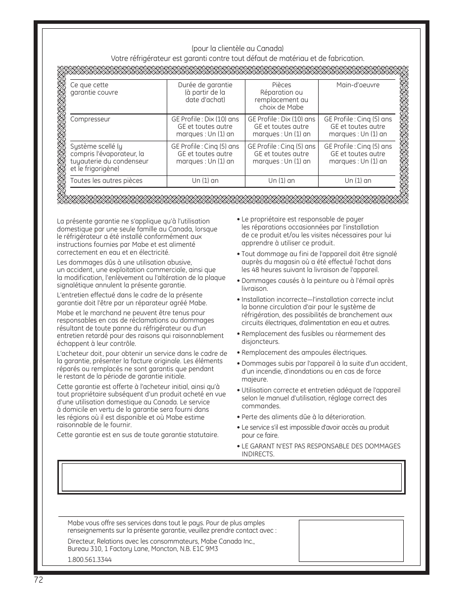 Garantie pour la clientele au canada, Garantie du client | GE 29 User Manual | Page 72 / 112