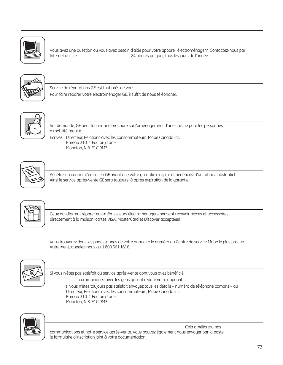 Soutien au consommateur, Service de réparations, Studio de conception réaliste | Prolongation de garantie, Pièces et accessoires, Contactez-nous, Inscrivez votre appareil électroménager | GE 29 User Manual | Page 73 / 112