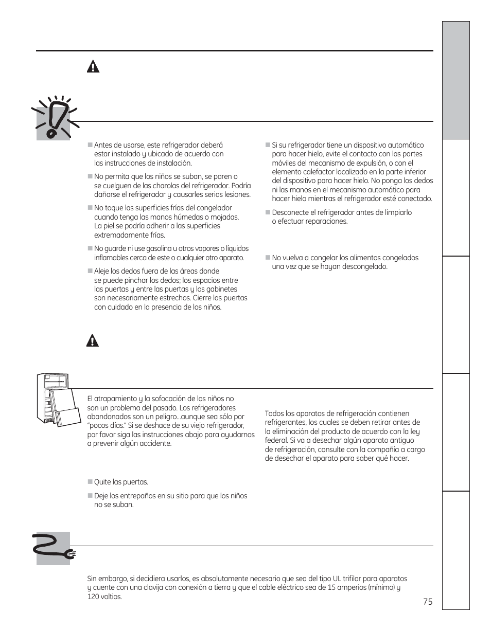 Informacion de seguridad, Advertencia, Precauciones de seguridad | Deshacerse debidamente de su refrigerador, Uso de cables de extension | GE 29 User Manual | Page 75 / 112