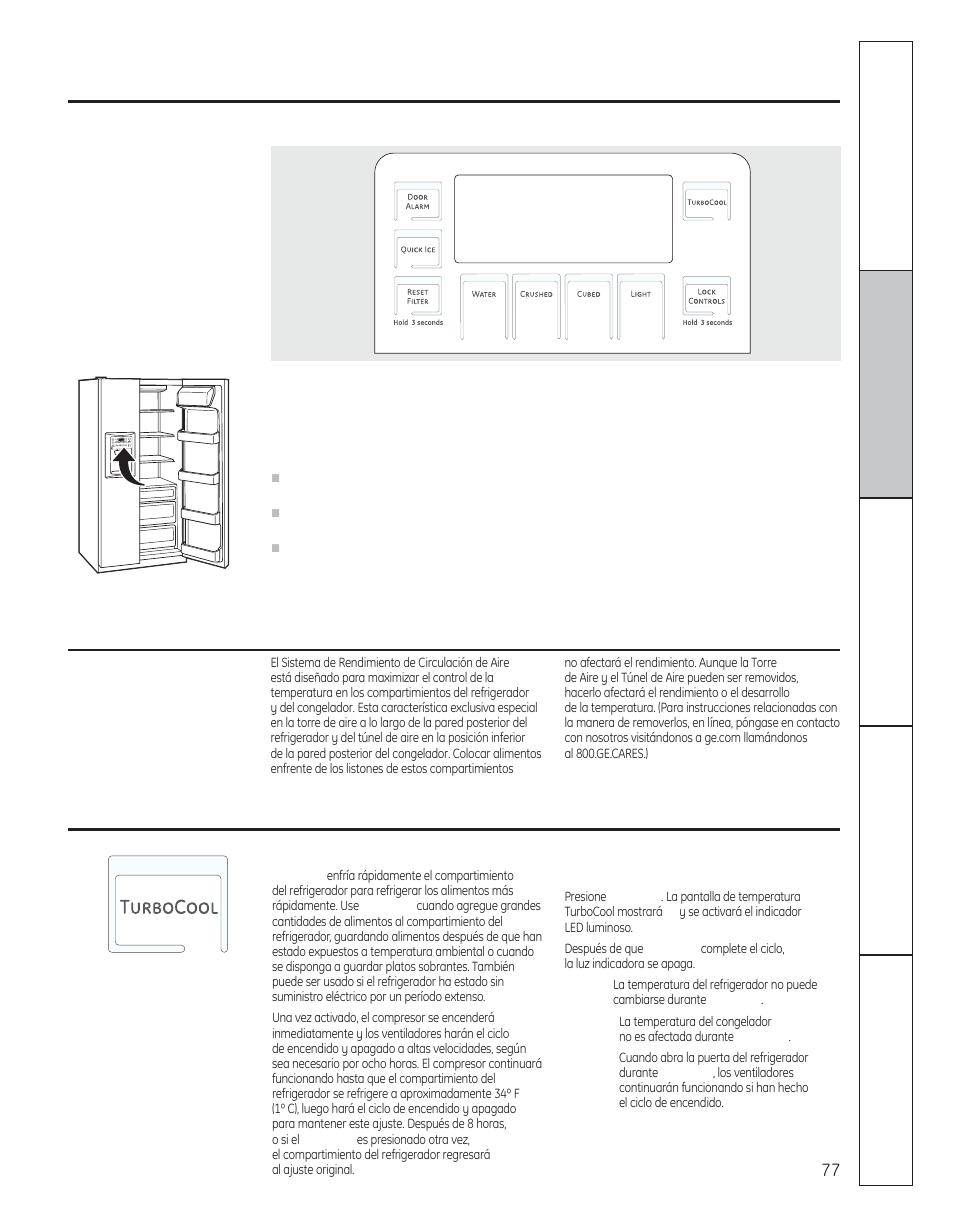 Los controles del refrigerador, Turbocool, Acerca de turbocool | Sistema de rendimiento de circulación de aire, En algunos modelos) | GE 29 User Manual | Page 77 / 112