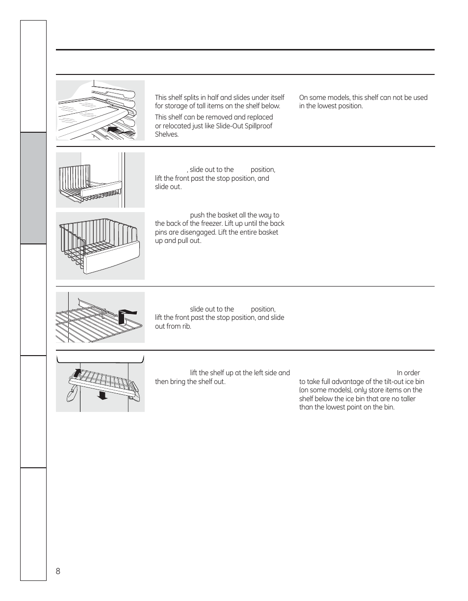 About the shelves and bins, Cont.) | GE 29 User Manual | Page 8 / 112