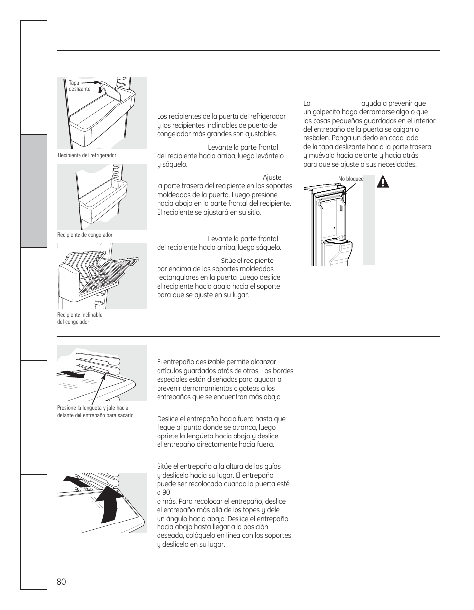 Los entrepaños y recipientes del refrigerador, Precaución | GE 29 User Manual | Page 80 / 112