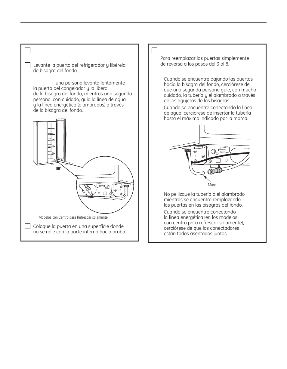 Instrucciones para la instalación, Remueva la puerta del refrigerador (cont.), Cómo reemplazar las puertas | GE 29 User Manual | Page 93 / 112