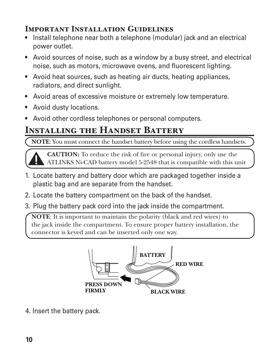 Installing the handset battery, Important installation guidelines | GE 25880 User Manual | Page 10 / 100