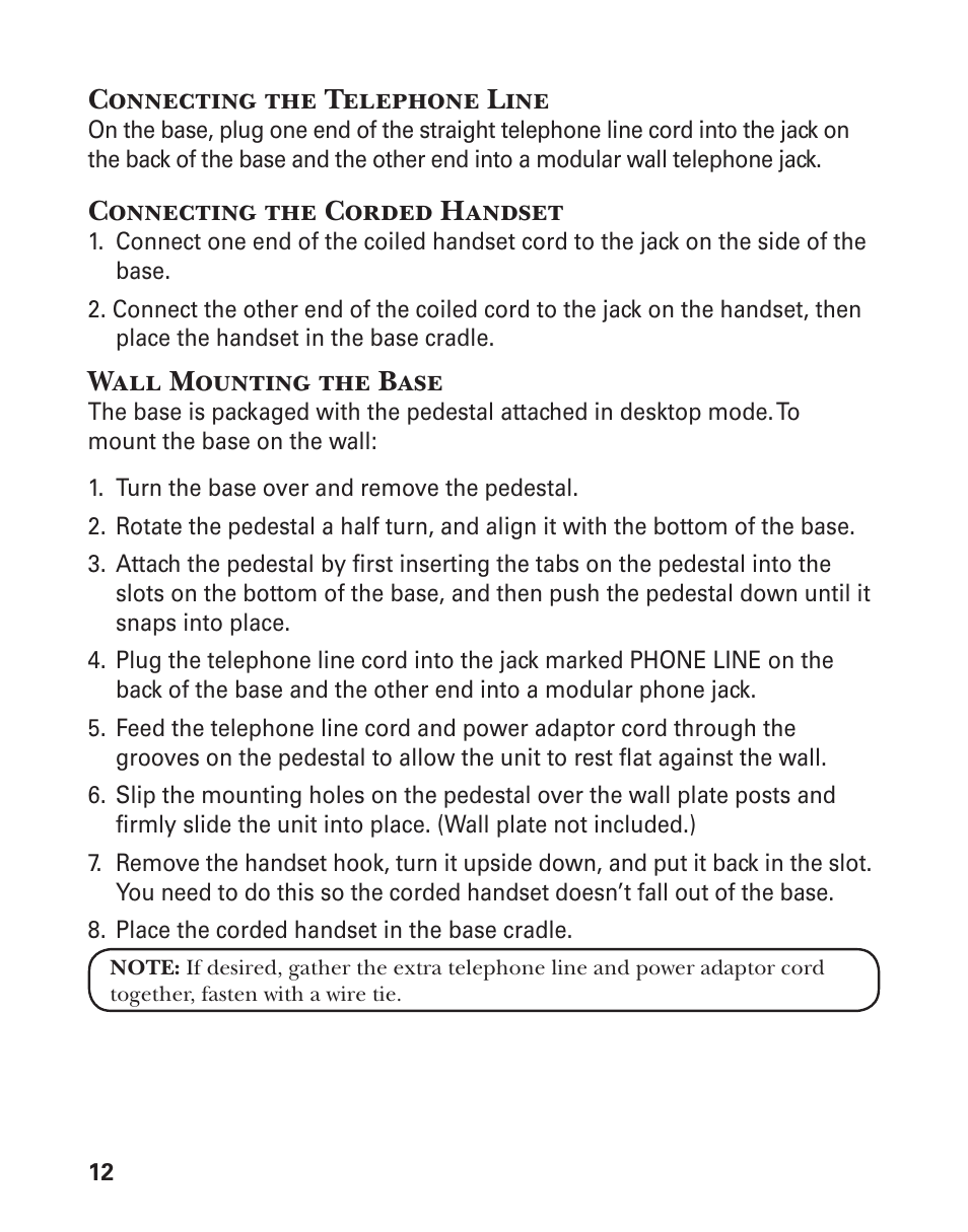 Connecting the telephone line, Connecting the corded handset, Wall mounting the base | GE 25880 User Manual | Page 12 / 100