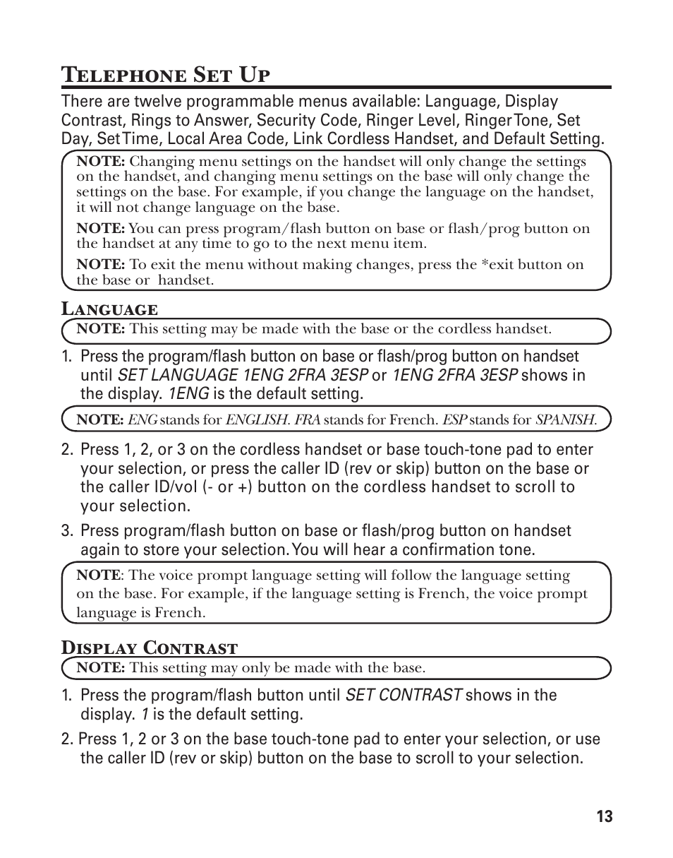 Telephone set up, Language, Display contrast | GE 25880 User Manual | Page 13 / 100