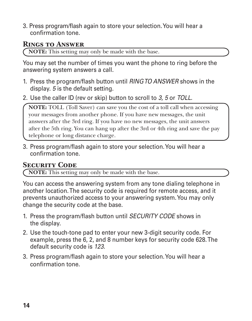 Rings to answer, Security code | GE 25880 User Manual | Page 14 / 100