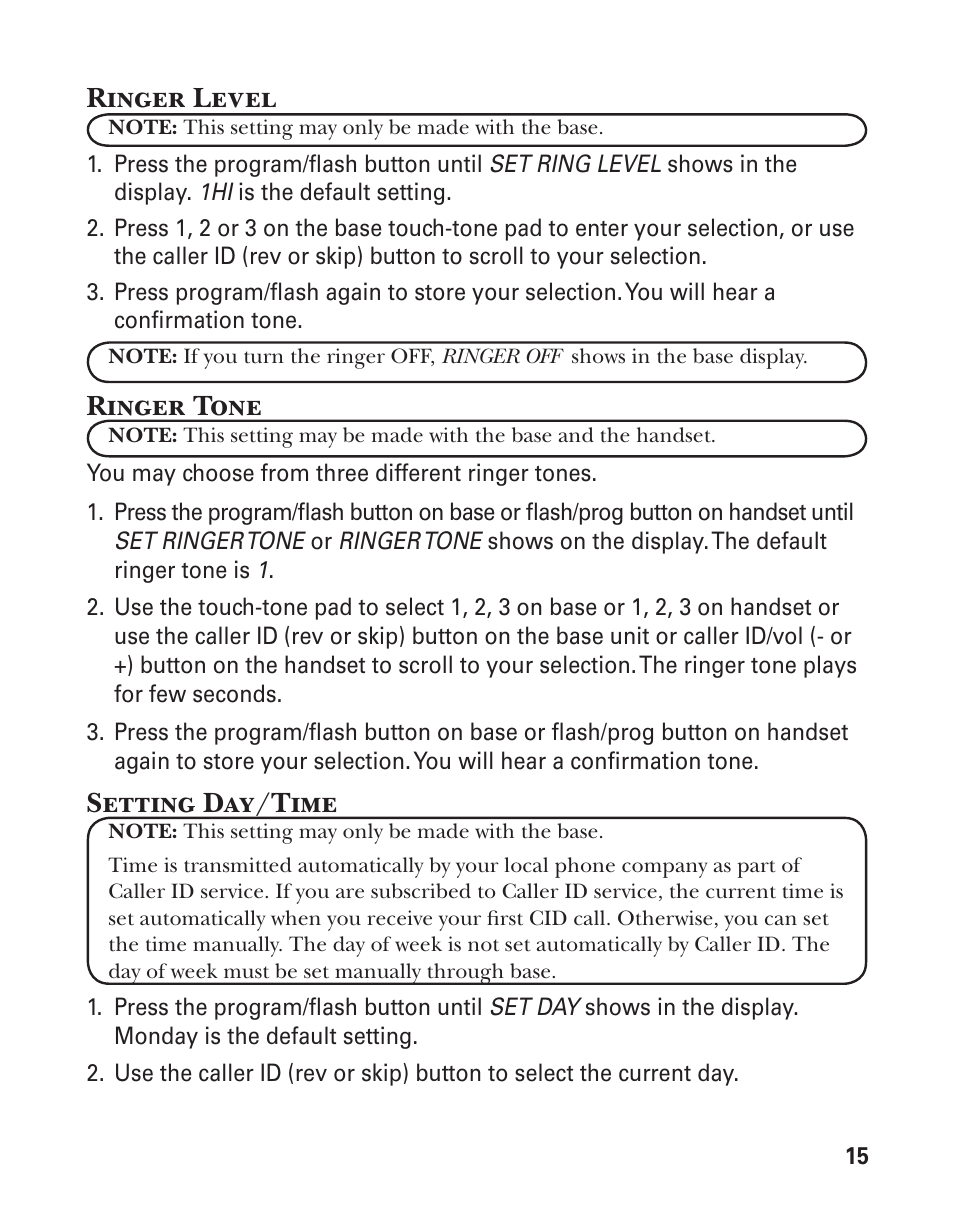 Ringer level, Ringer tone, Setting day/time | GE 25880 User Manual | Page 15 / 100