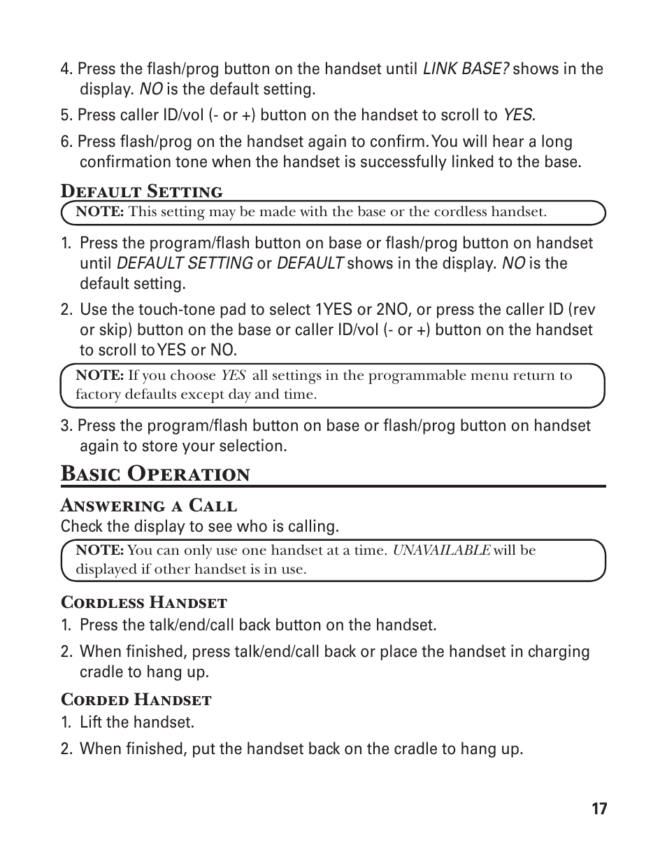 Basic operation, Default setting, Answering a call | GE 25880 User Manual | Page 17 / 100