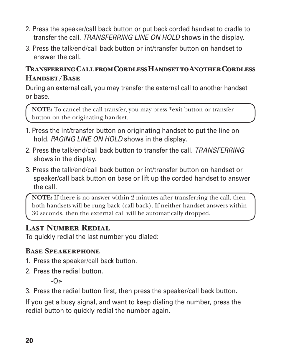 Last number redial | GE 25880 User Manual | Page 20 / 100
