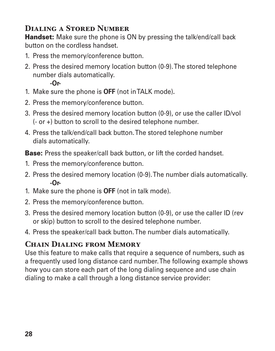 Dialing a stored number | GE 25880 User Manual | Page 28 / 100