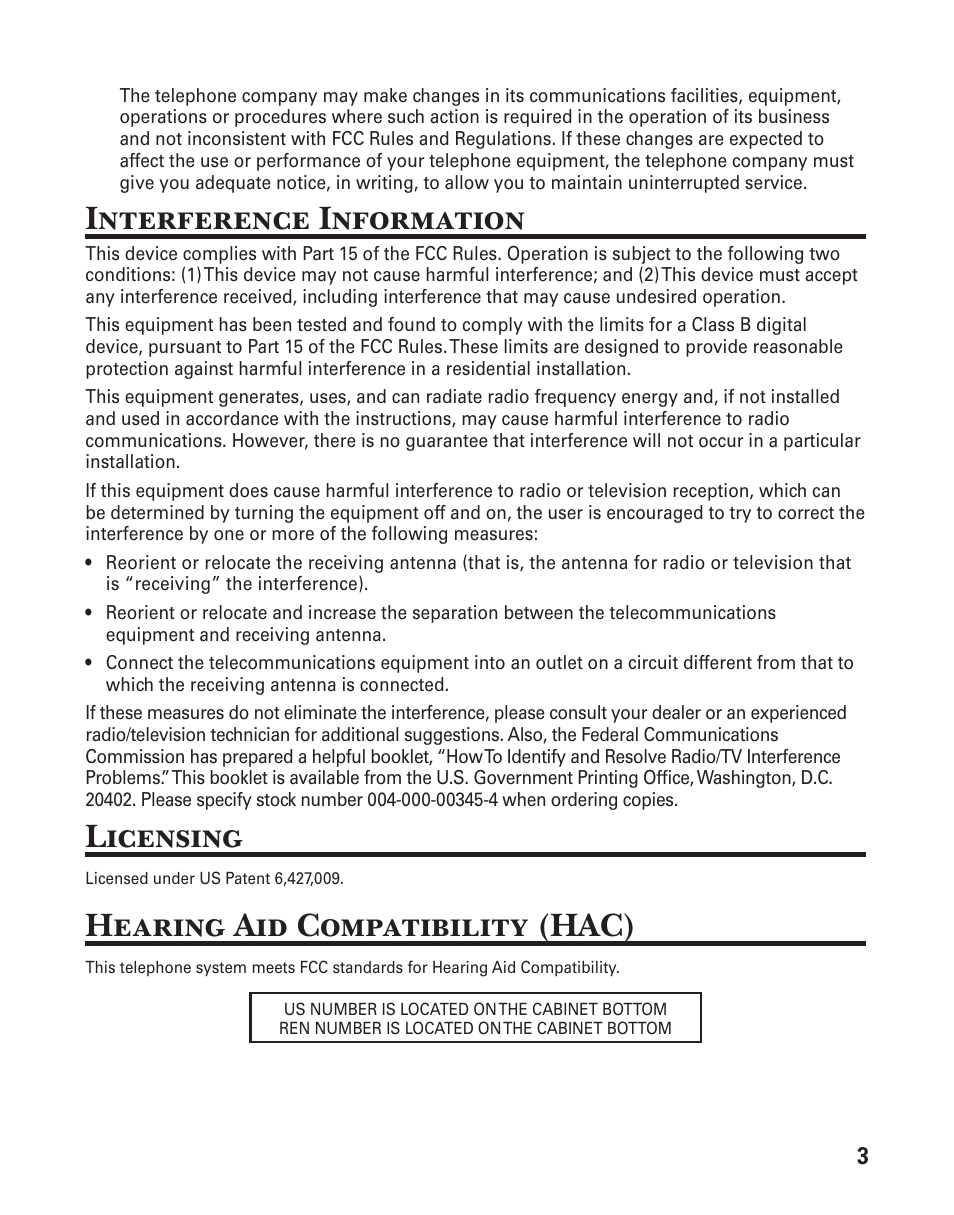 Interference information, Licensing, Hearing aid compatibility (hac) | GE 25880 User Manual | Page 3 / 100