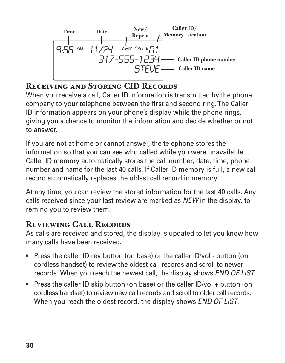 Receiving and storing cid records, Reviewing call records | GE 25880 User Manual | Page 30 / 100