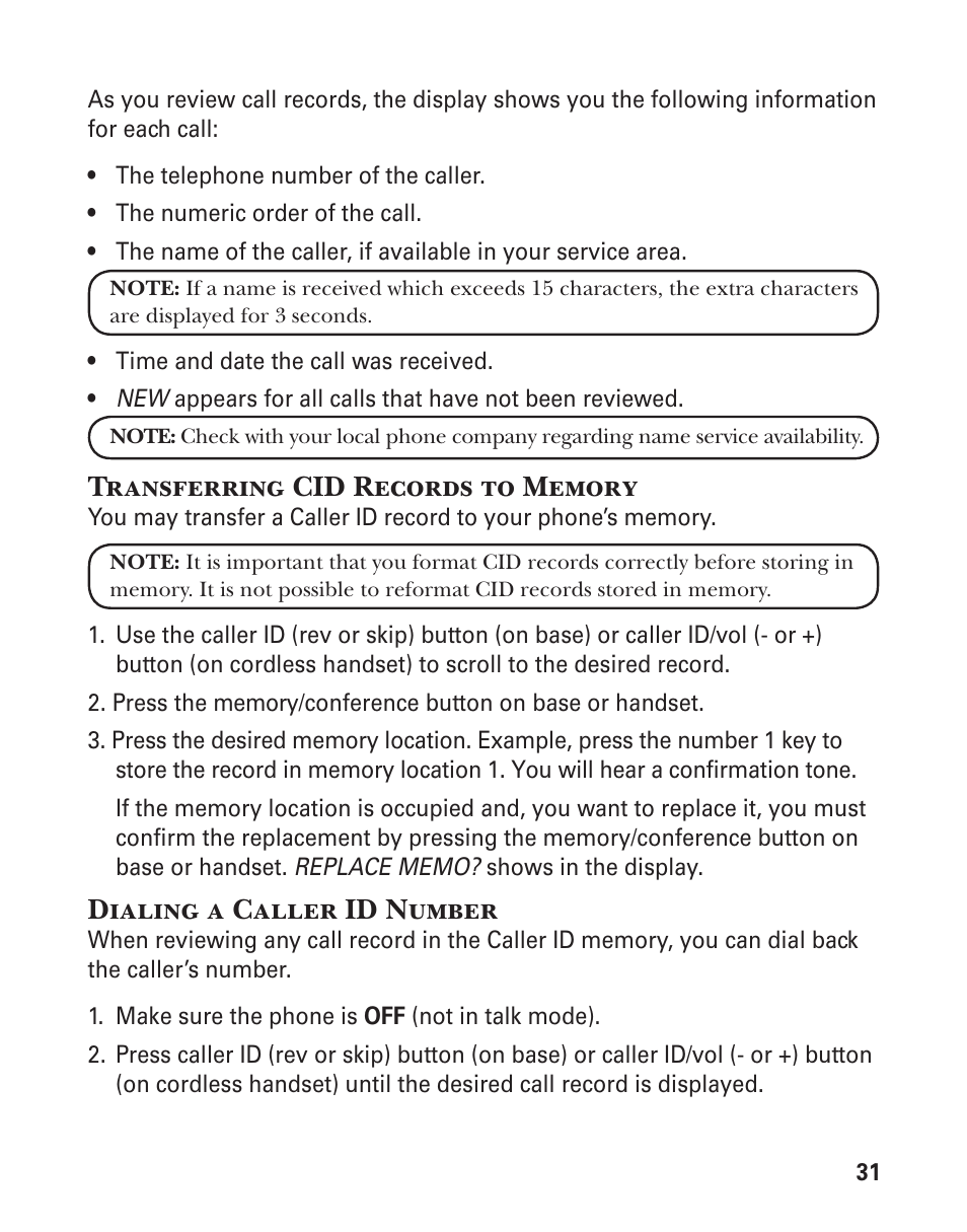 Dialing a caller id number | GE 25880 User Manual | Page 31 / 100