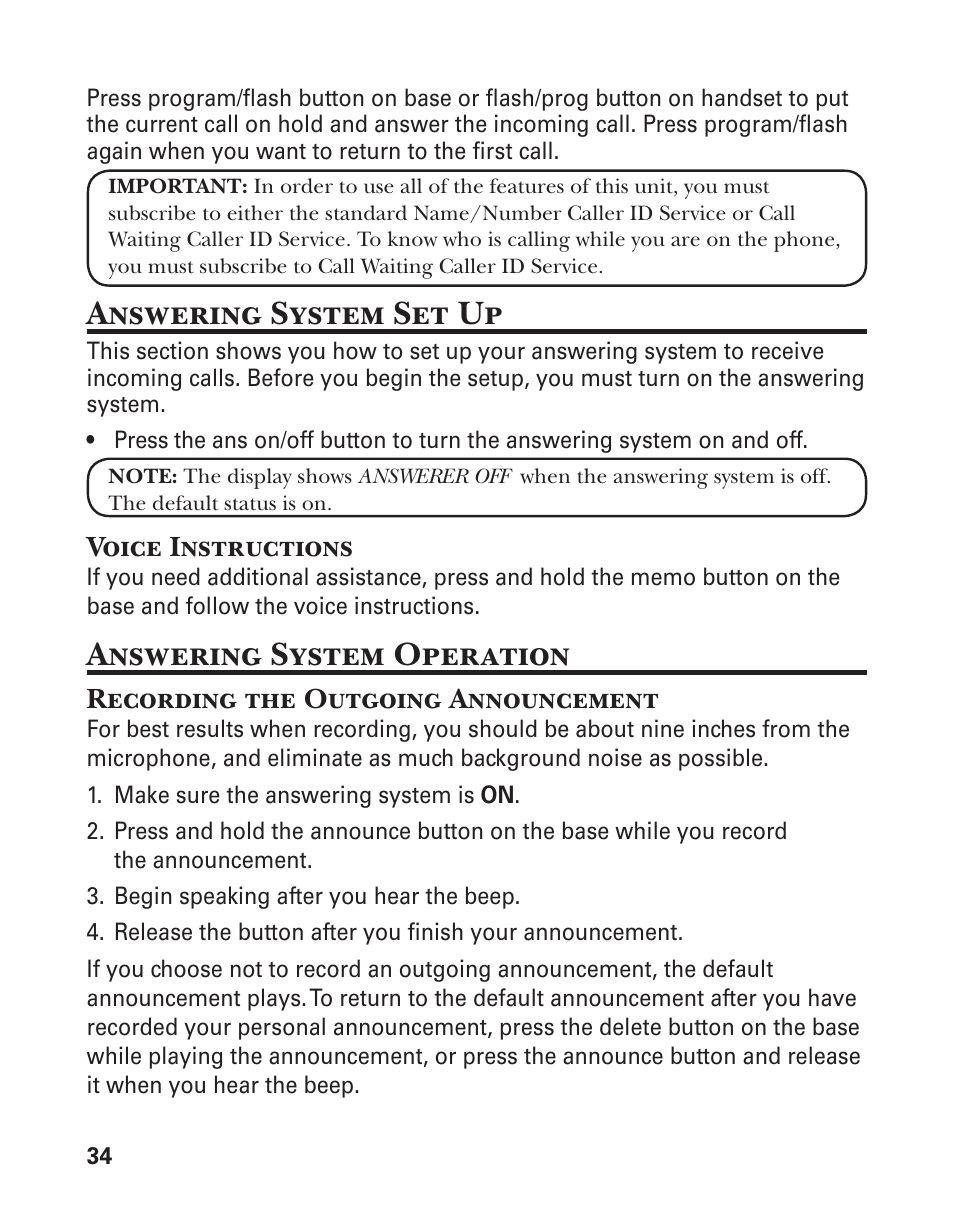 Answering system set up, Answering system operation | GE 25880 User Manual | Page 34 / 100