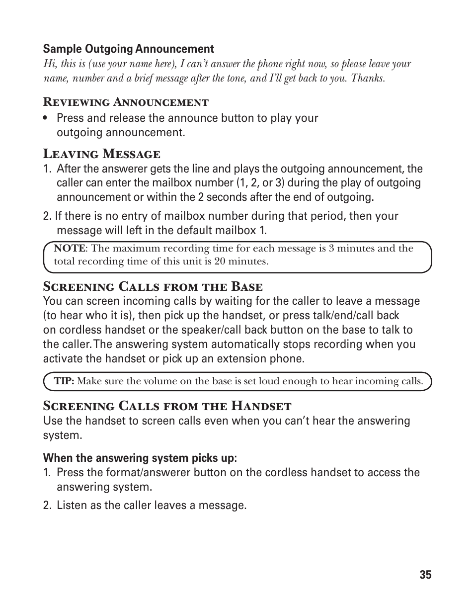 Leaving message, Screening calls from the base, Screening calls from the handset | GE 25880 User Manual | Page 35 / 100