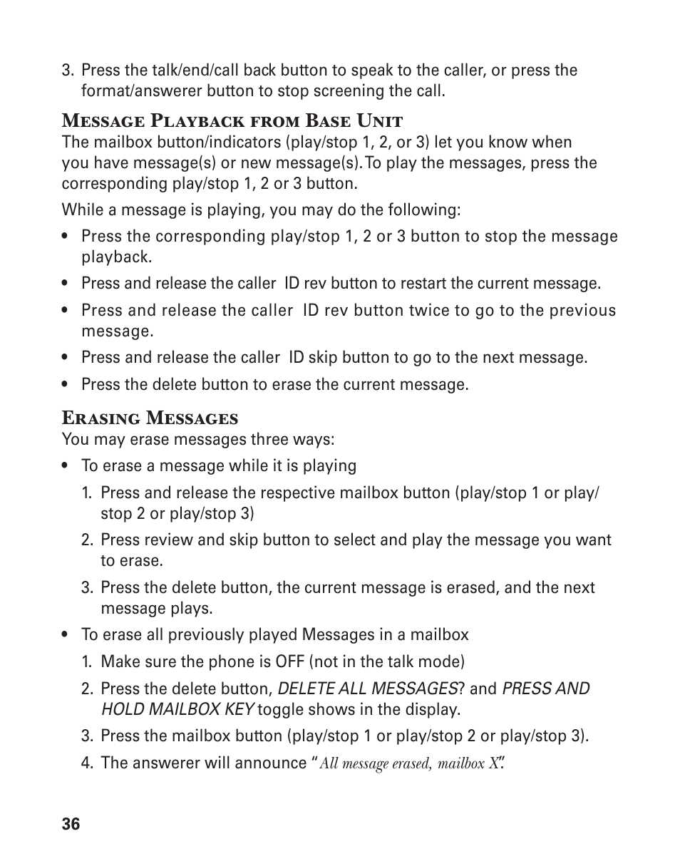 Message playback from base unit, Erasing messages | GE 25880 User Manual | Page 36 / 100