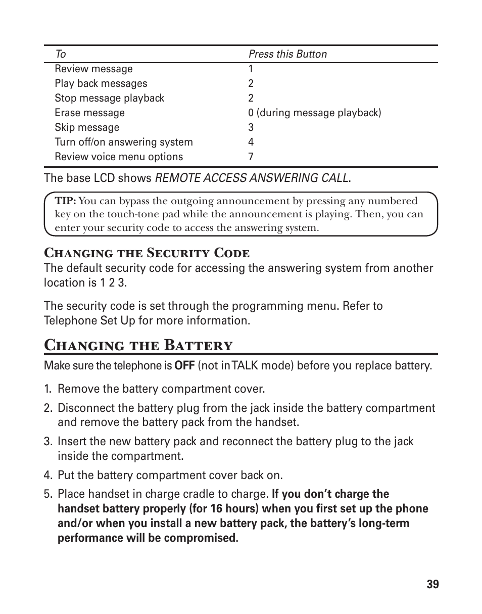 Changing the battery, Changing the security code | GE 25880 User Manual | Page 39 / 100