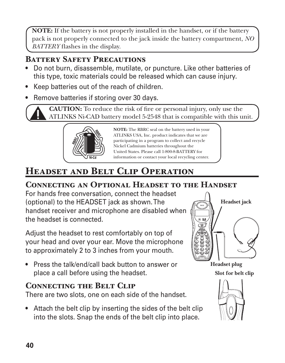 Headset and belt clip operation, Battery safety precautions, Connecting an optional headset to the handset | Connecting the belt clip | GE 25880 User Manual | Page 40 / 100