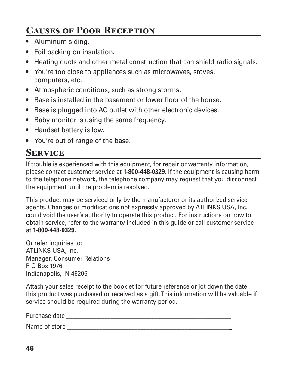 Causes of poor reception, Service | GE 25880 User Manual | Page 46 / 100