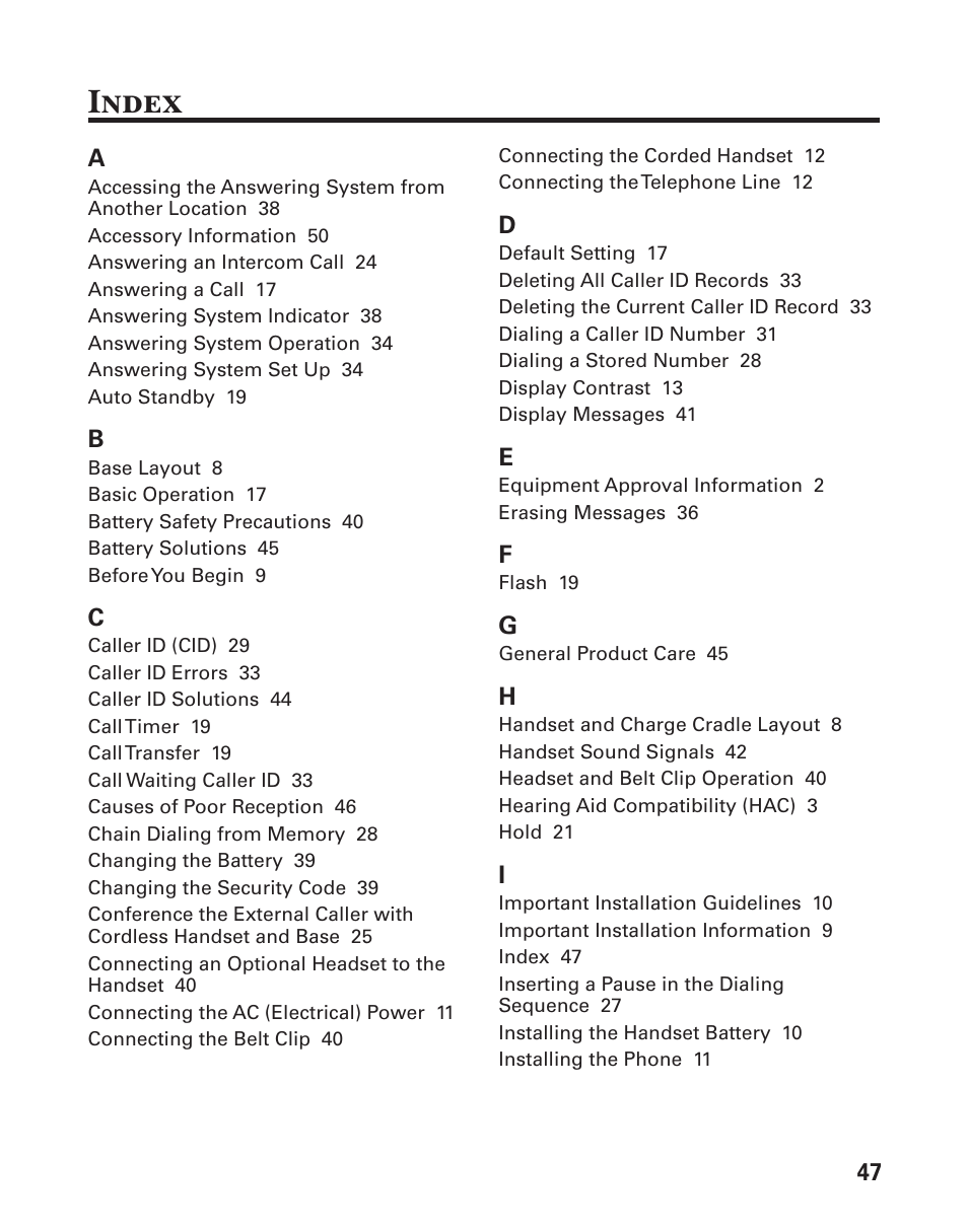 Index | GE 25880 User Manual | Page 47 / 100