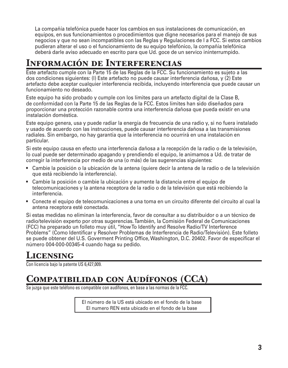 Información de interferencias, Licensing, Compatibilidad con audífonos (cca) | GE 25880 User Manual | Page 53 / 100