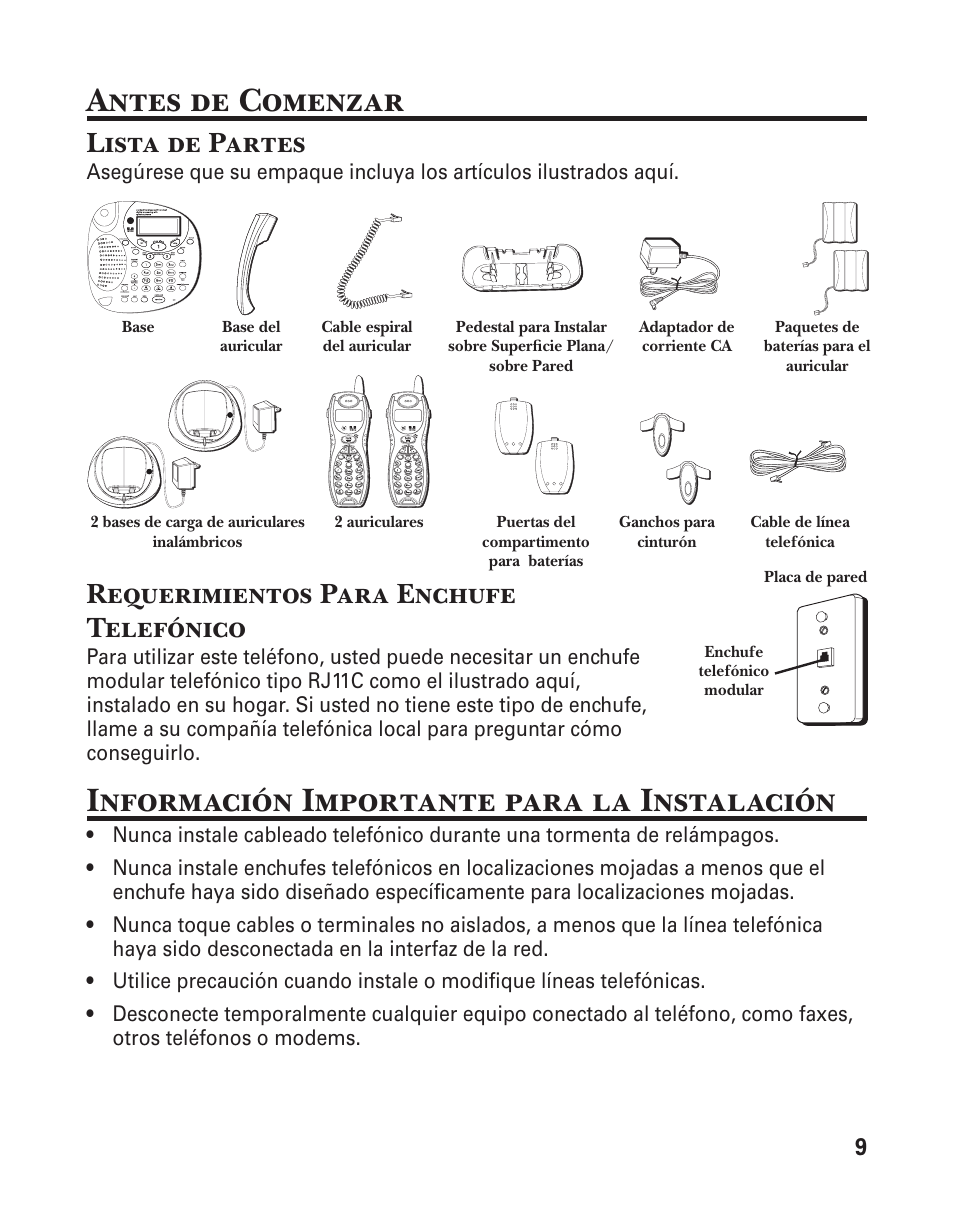 Antes de comenzar, Información importante para la instalación, Lista de partes | Requerimientos para enchufe telefónico | GE 25880 User Manual | Page 59 / 100