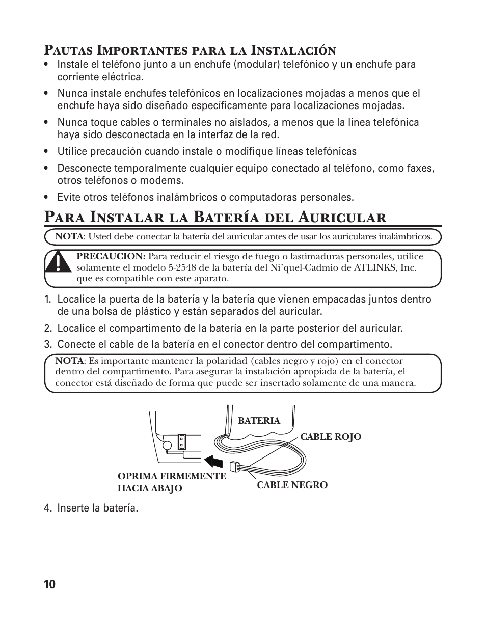 Para instalar la batería del auricular, Pautas importantes para la instalación | GE 25880 User Manual | Page 60 / 100