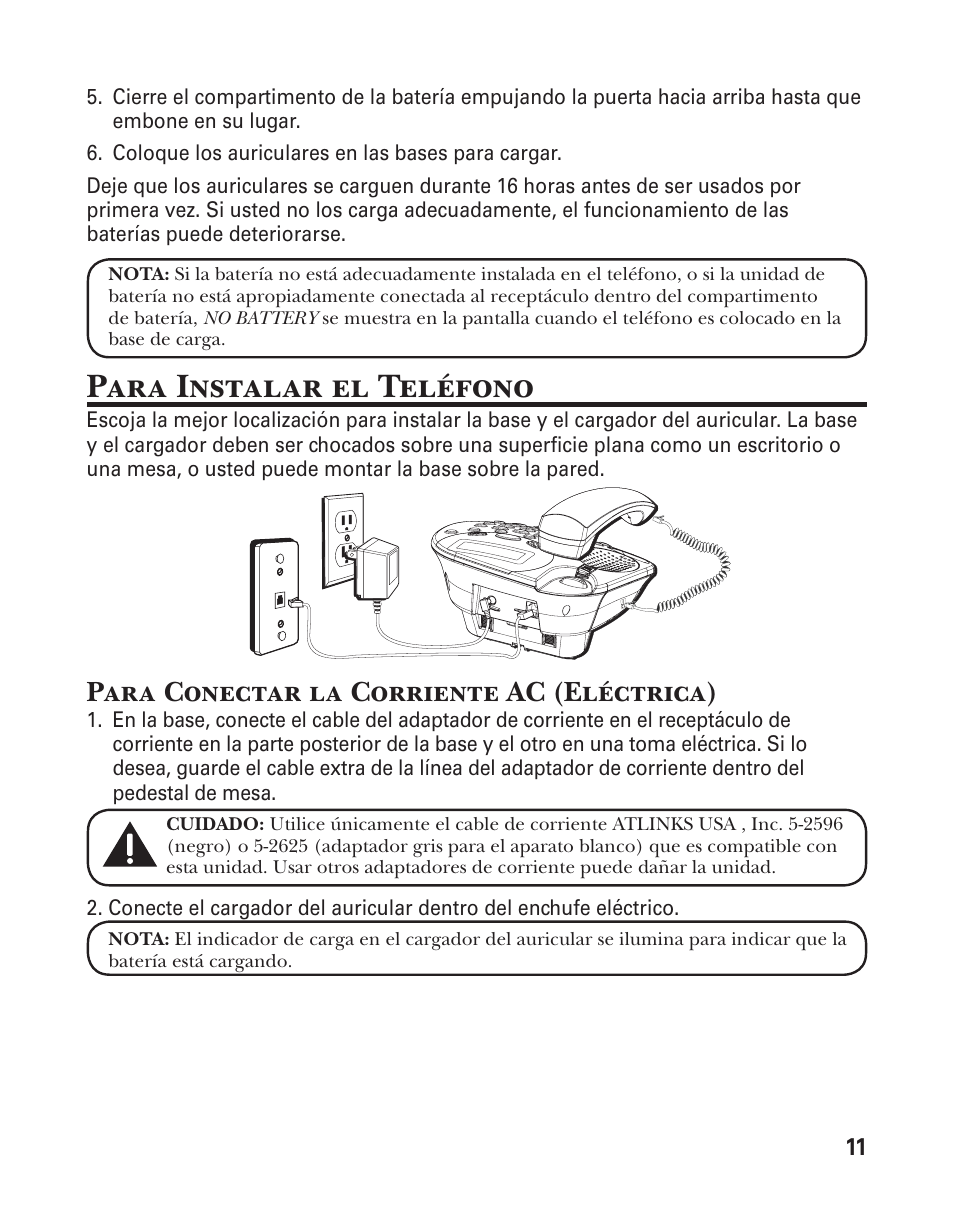 Para instalar el teléfono, Para conectar la corriente ac (eléctrica) | GE 25880 User Manual | Page 61 / 100