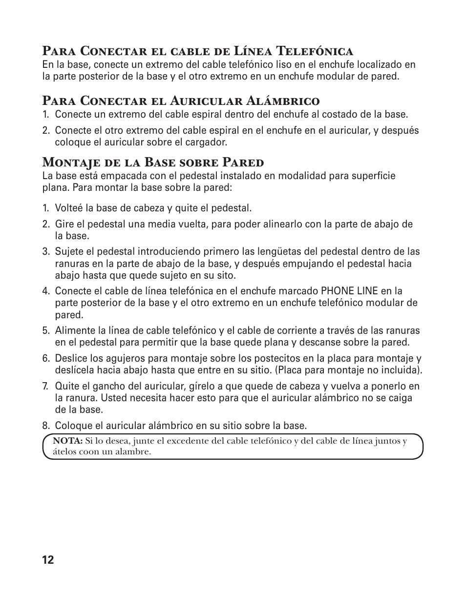 Para conectar el cable de línea telefónica, Para conectar el auricular alámbrico, Montaje de la base sobre pared | GE 25880 User Manual | Page 62 / 100