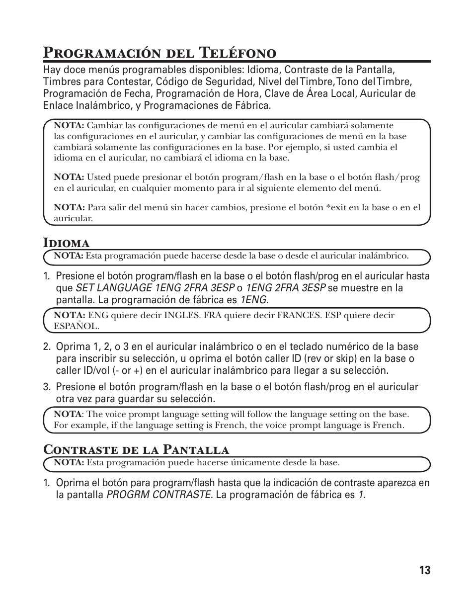 Programación del teléfono, Idioma, Contraste de la pantalla | GE 25880 User Manual | Page 63 / 100