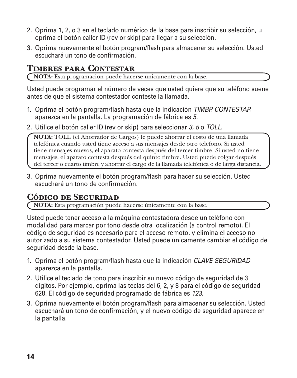 Timbres para contestar, Código de seguridad | GE 25880 User Manual | Page 64 / 100