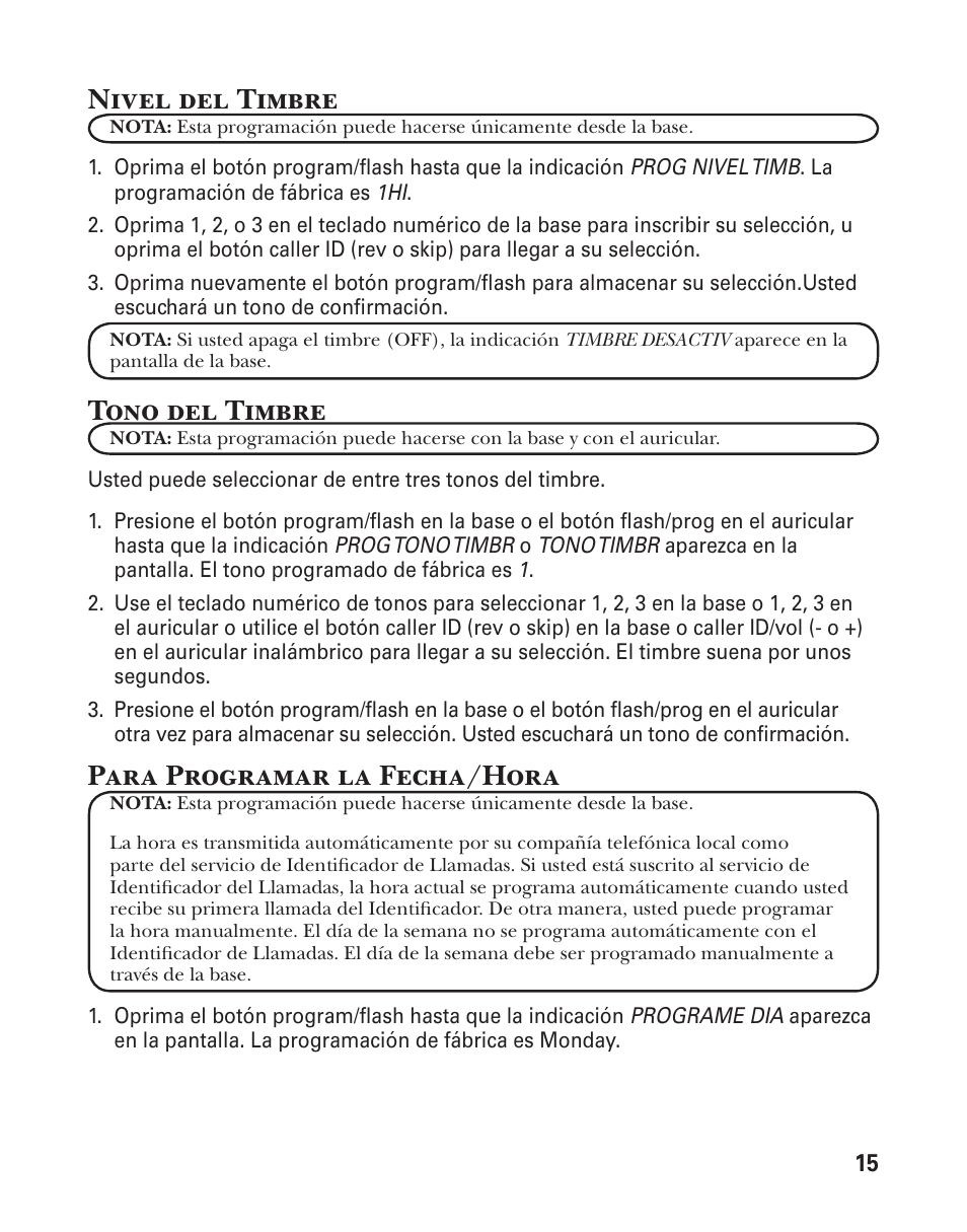 Nivel del timbre, Tono del timbre, Para programar la fecha/hora | GE 25880 User Manual | Page 65 / 100