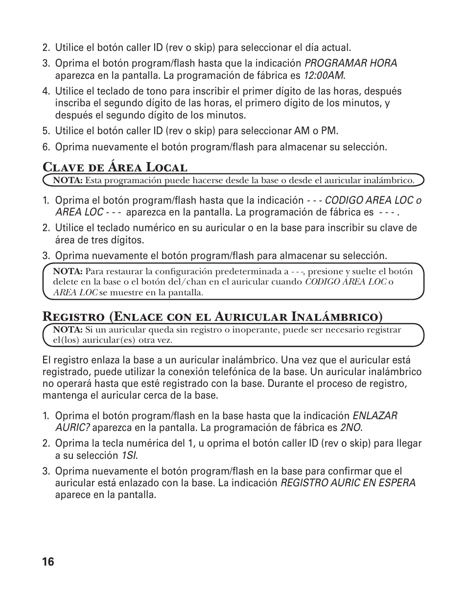 Clave de área local, Registro (enlace con el auricular inalámbrico) | GE 25880 User Manual | Page 66 / 100