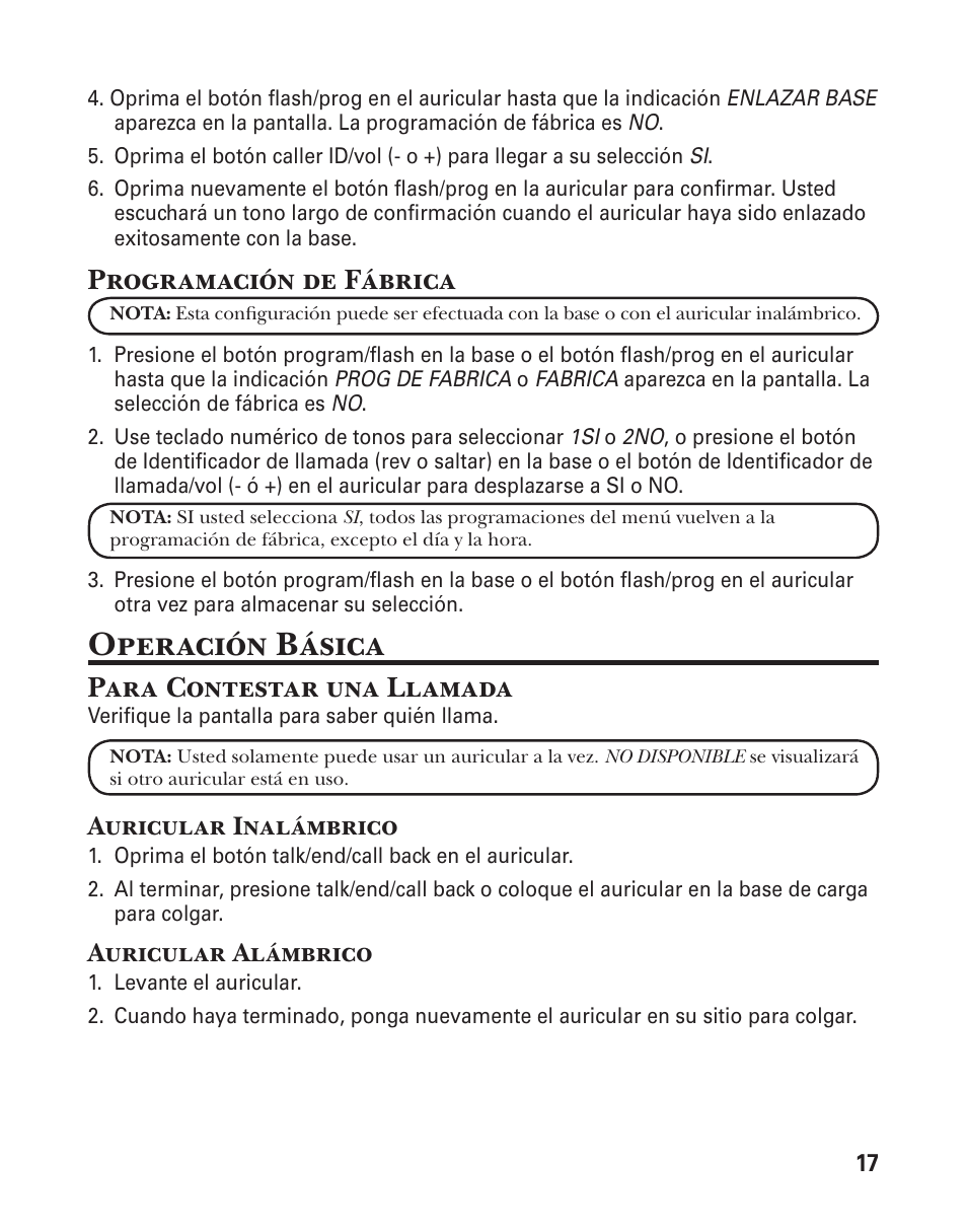 Operación básica, Programación de fábrica, Para contestar una llamada | Auricular inalámbrico, Auricular alámbrico | GE 25880 User Manual | Page 67 / 100