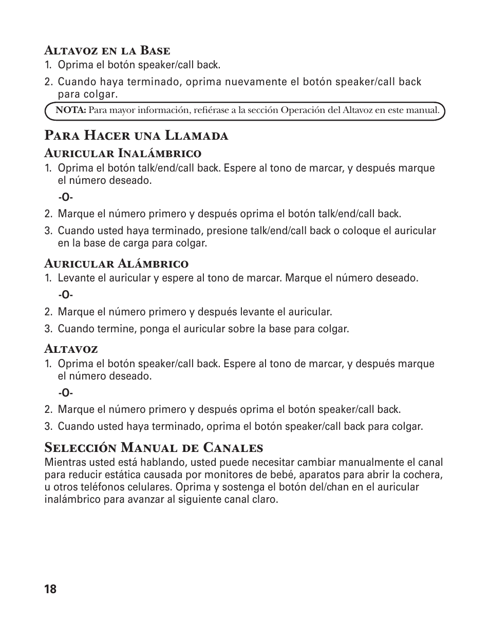 Para hacer una llamada, Selección manual de canales | GE 25880 User Manual | Page 68 / 100