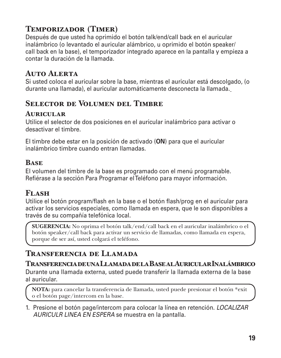 Temporizador (timer), Auto alerta, Selector de volumen del timbre | Flash, Transferencia de llamada, Auricular, Base | GE 25880 User Manual | Page 69 / 100