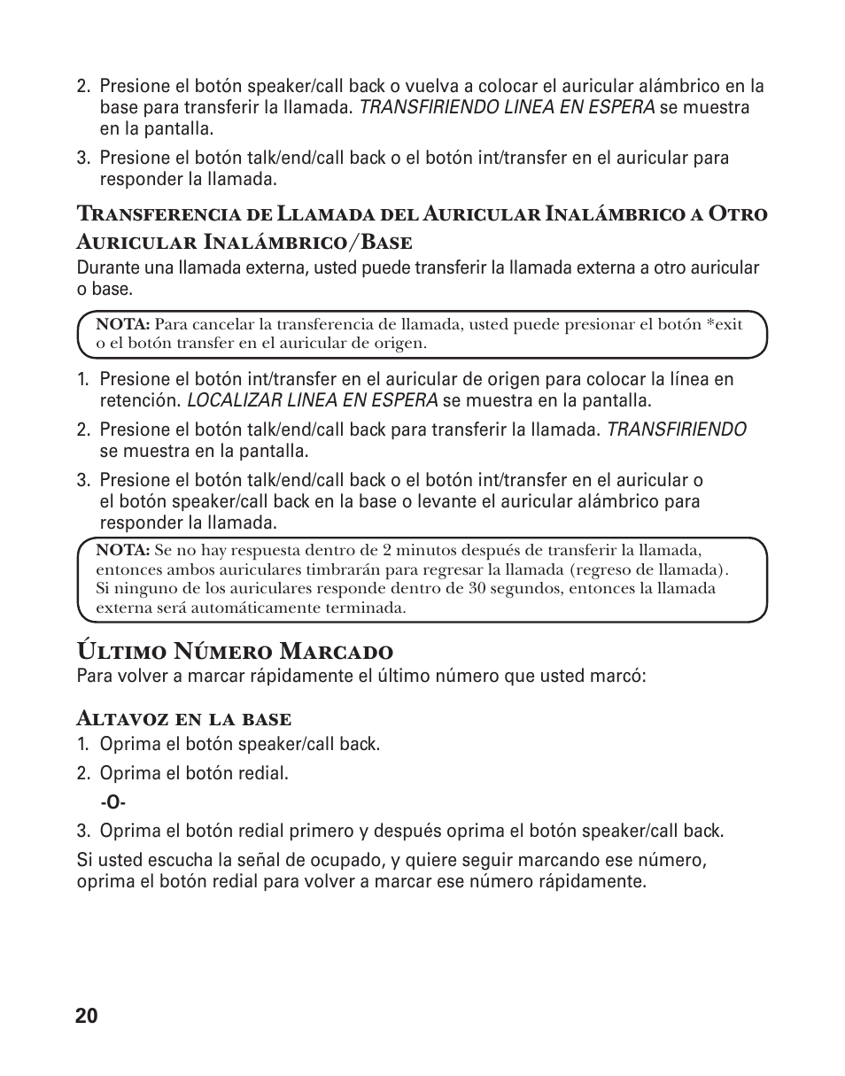 Último número marcado, Altavoz en la base | GE 25880 User Manual | Page 70 / 100
