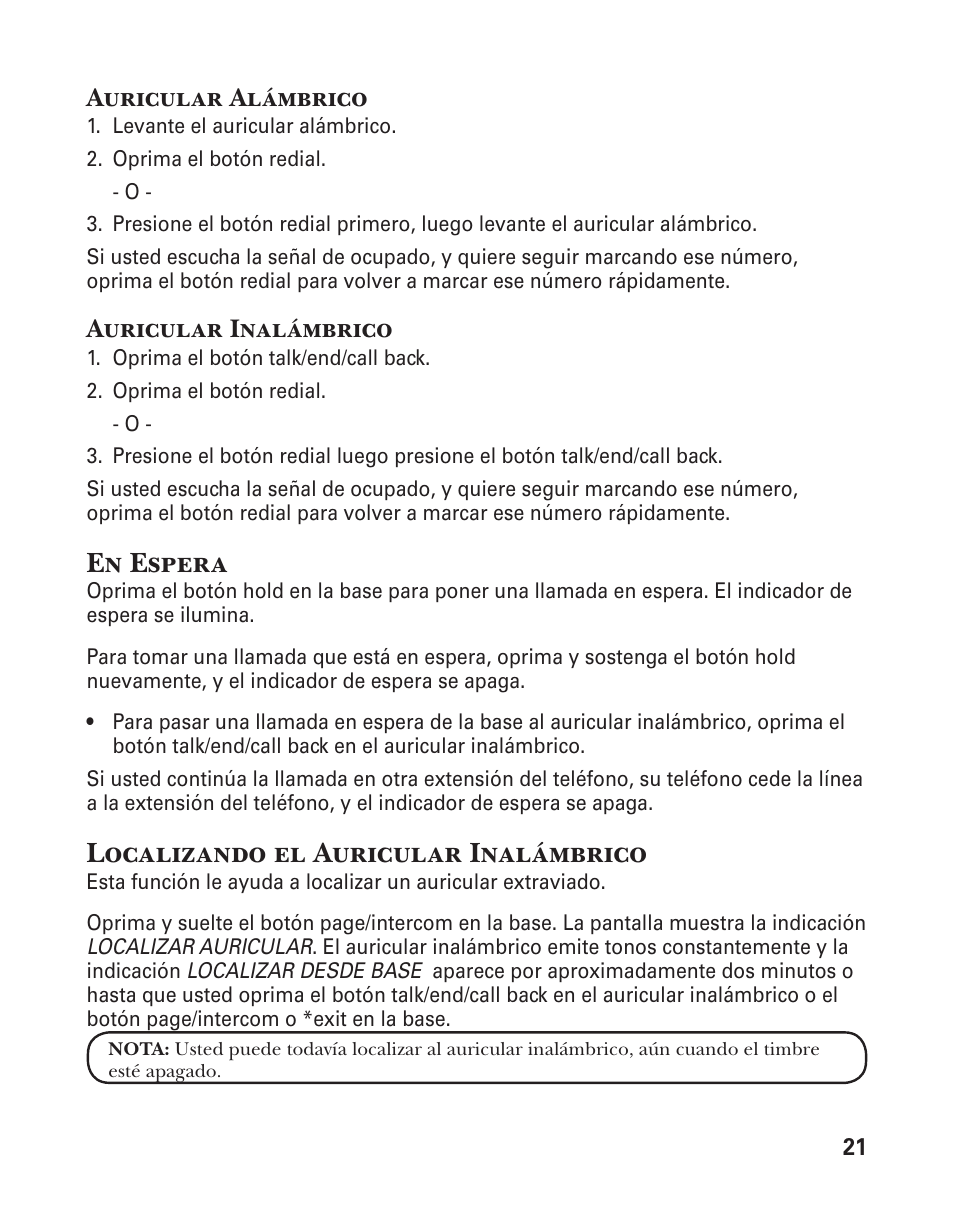 En espera, Localizando el auricular inalámbrico, Auricular alámbrico | Auricular inalámbrico | GE 25880 User Manual | Page 71 / 100