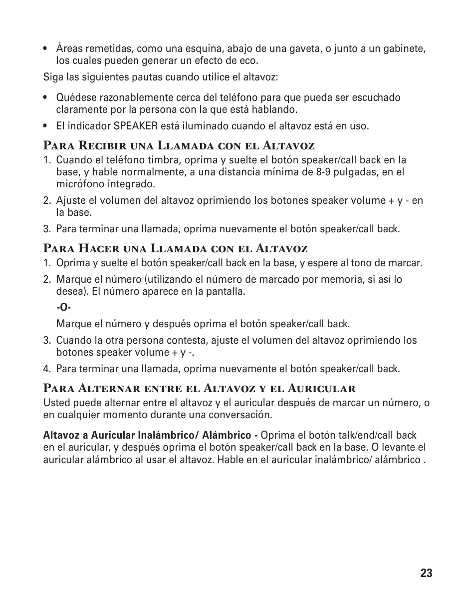 Para recibir una llamada con el altavoz, Para hacer una llamada con el altavoz, Para alternar entre el altavoz y el auricular | GE 25880 User Manual | Page 73 / 100