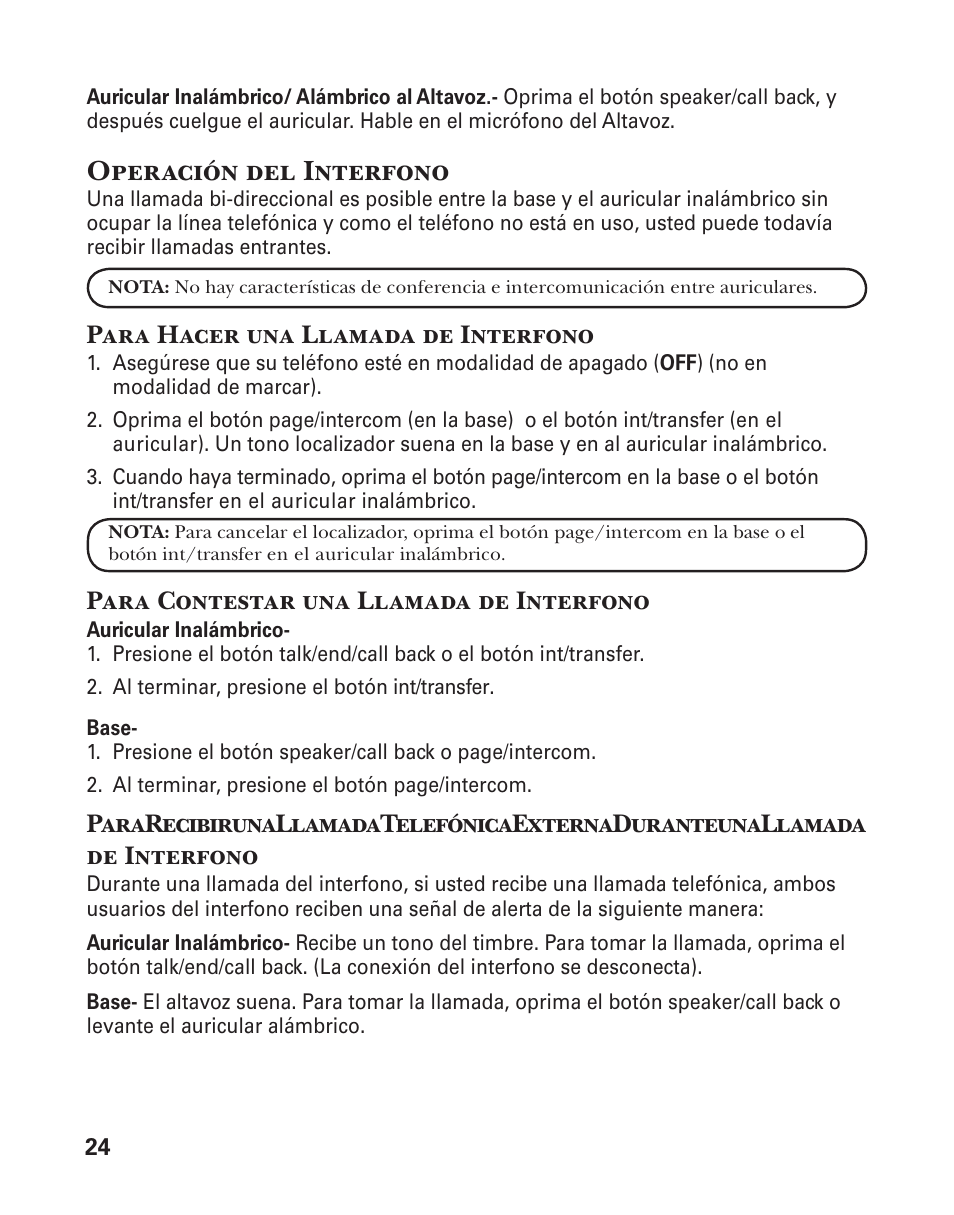 Operación del interfono, Para hacer una llamada de interfono, Para contestar una llamada de interfono | GE 25880 User Manual | Page 74 / 100