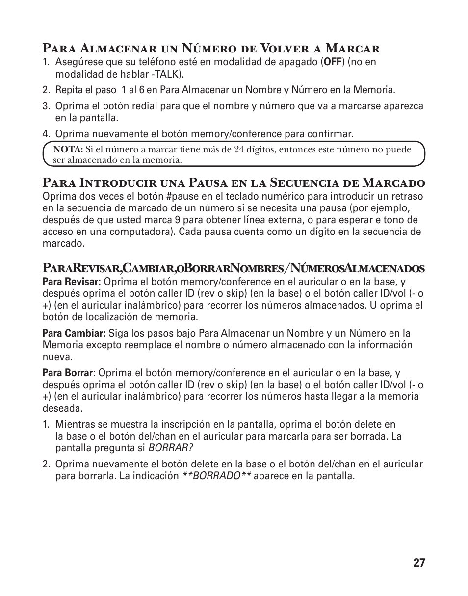 Para almacenar un número de volver a marcar | GE 25880 User Manual | Page 77 / 100