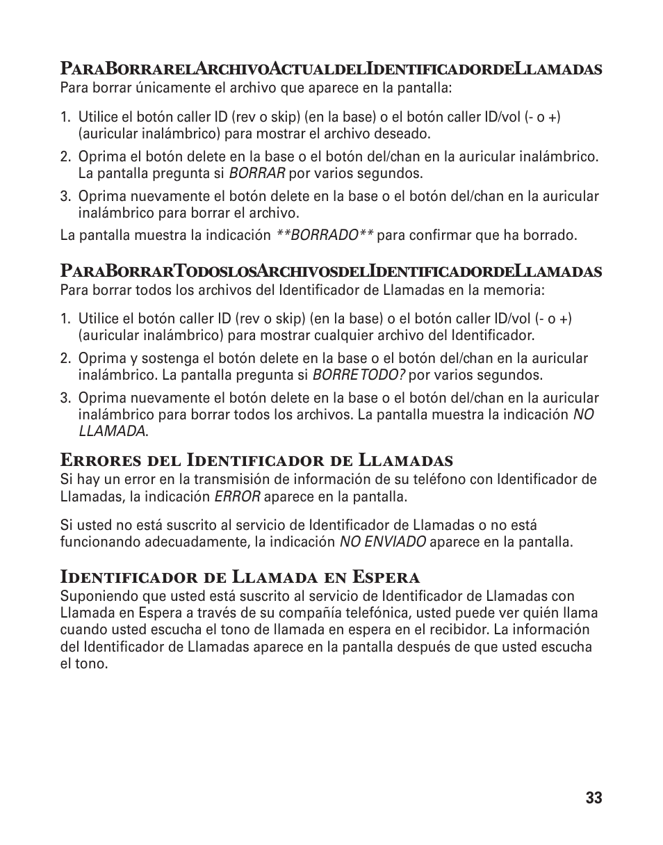Errores del identificador de llamadas, Identificador de llamada en espera | GE 25880 User Manual | Page 83 / 100