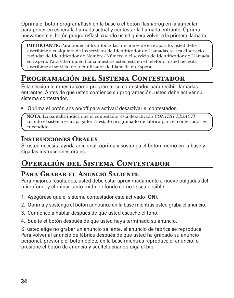 Programación del sistema contestador, Operación del sistema contestador, Instrucciones orales | Para grabar el anuncio saliente | GE 25880 User Manual | Page 84 / 100