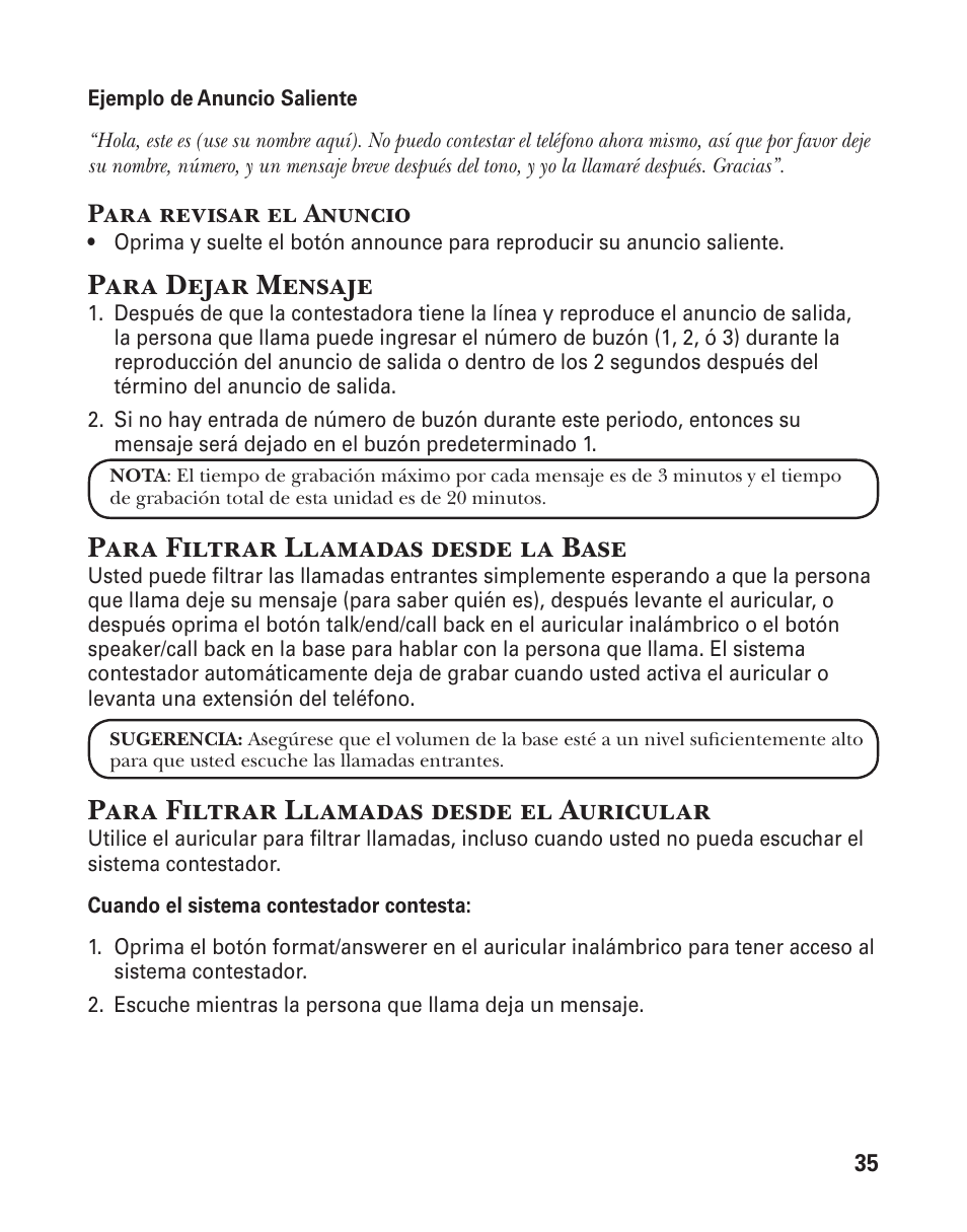 Para dejar mensaje, Para filtrar llamadas desde la base, Para filtrar llamadas desde el auricular | Para revisar el anuncio | GE 25880 User Manual | Page 85 / 100