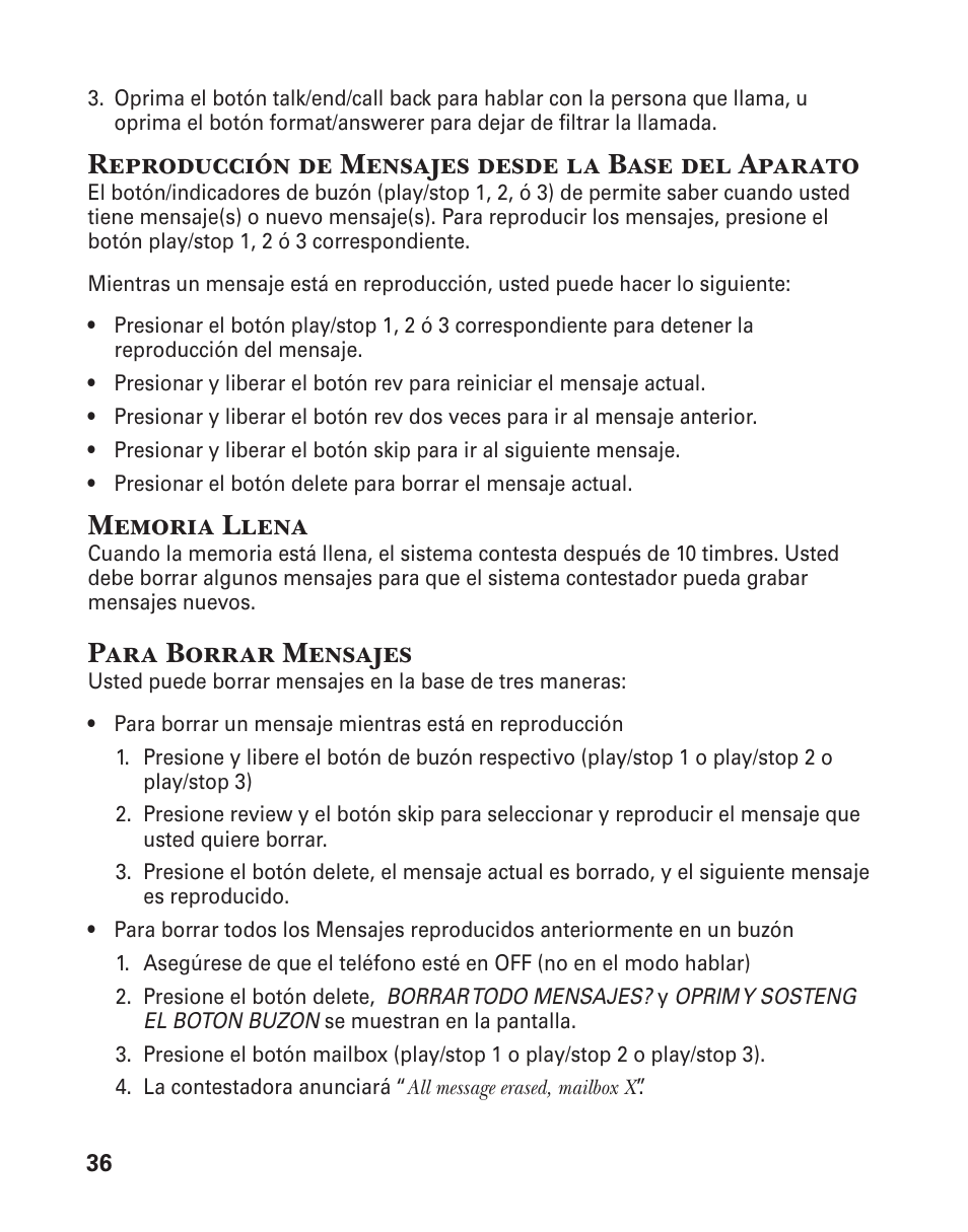 Reproducción de mensajes desde la base del aparato, Para borrar mensajes | GE 25880 User Manual | Page 86 / 100