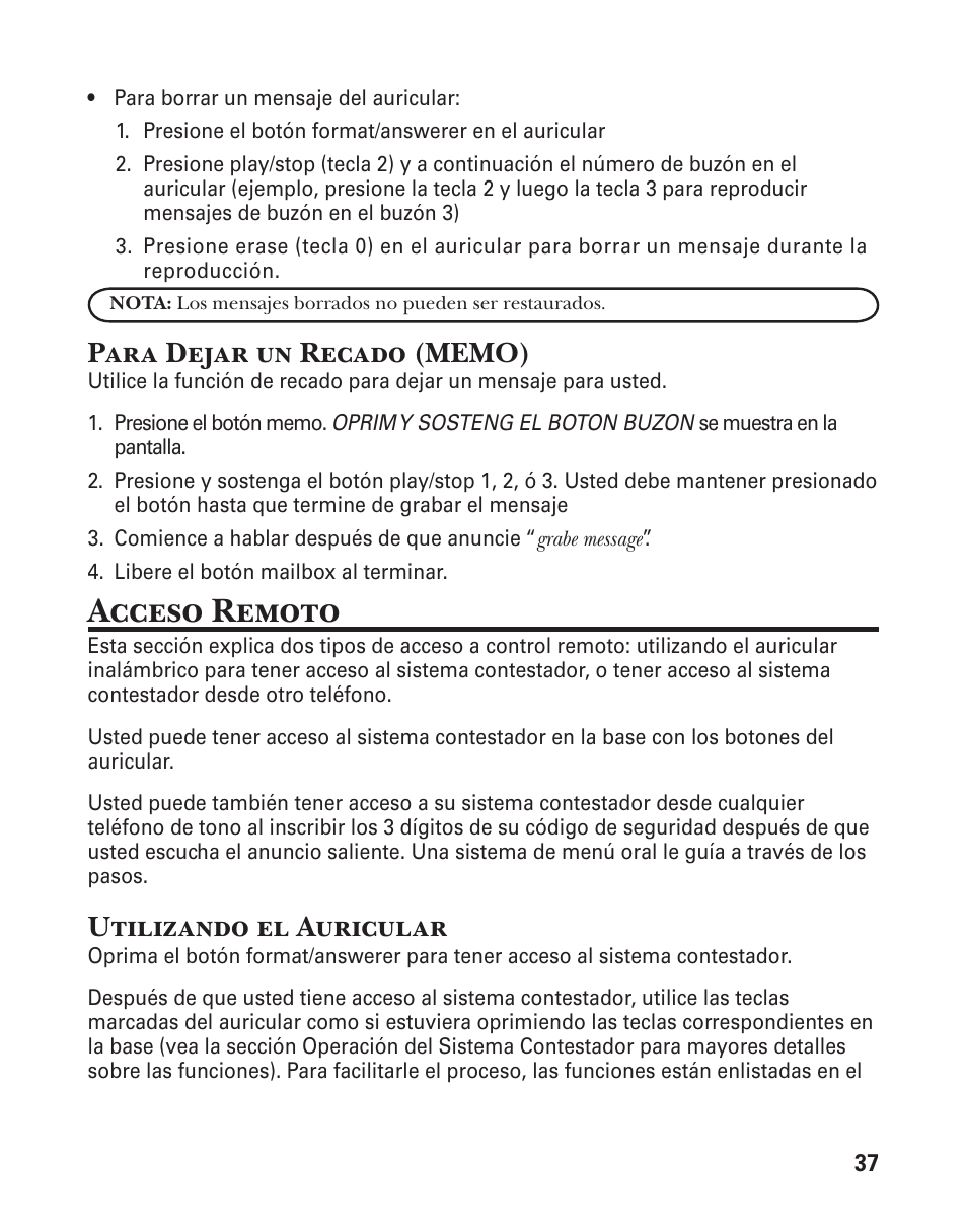 Acceso remoto, Utilizando el auricular | GE 25880 User Manual | Page 87 / 100